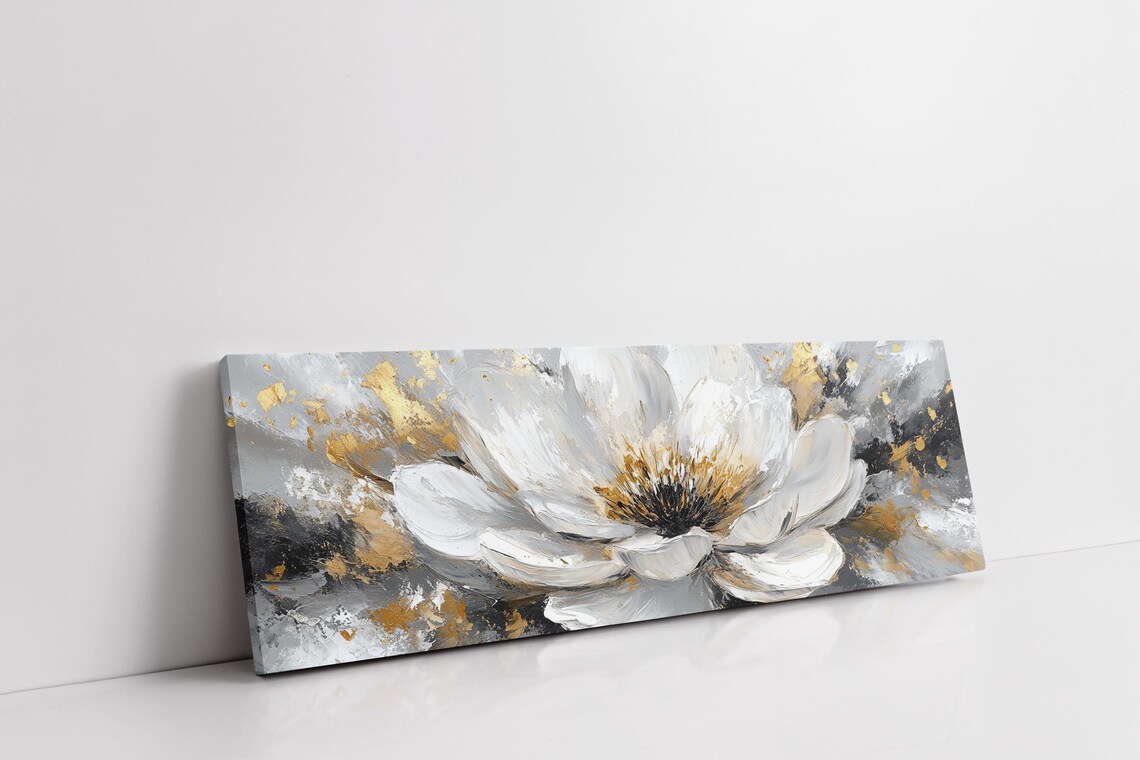 White Magnolia Gold Abstract Floral Gray Textured Modern Art Poster - Image 3