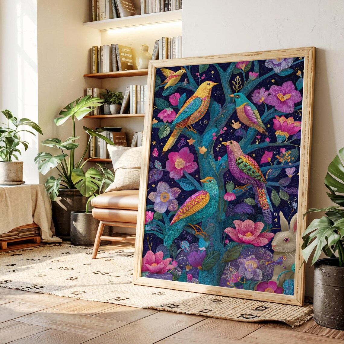 Vibrant Colorful Birds Flowers Fantasy Boho Nature Painting Wall Art