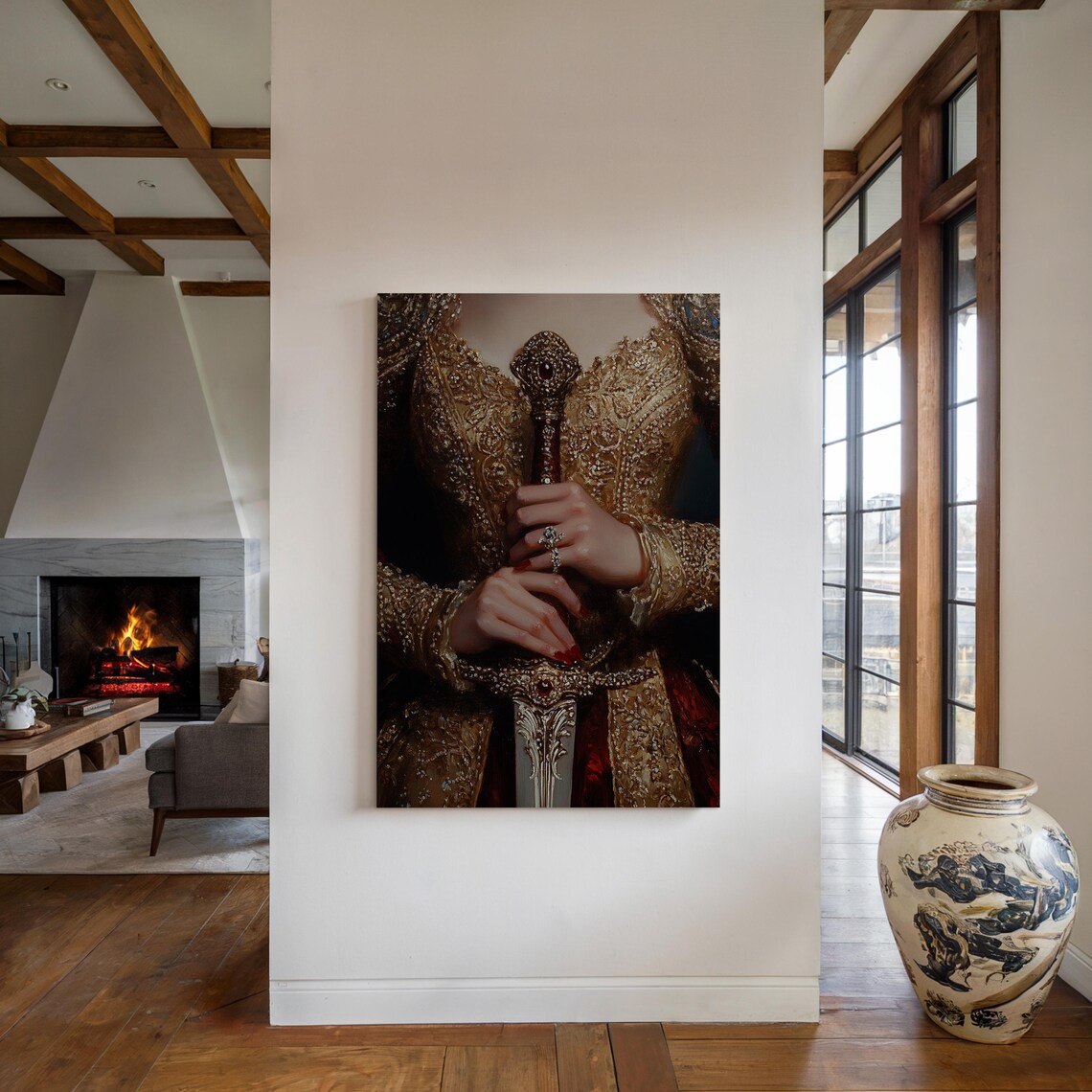 Elegant Medieval Sword Art Ornate Gold Armor Gemstone Embellished Hilt Royal Renaissance Inspired Wall Decor - Image 2