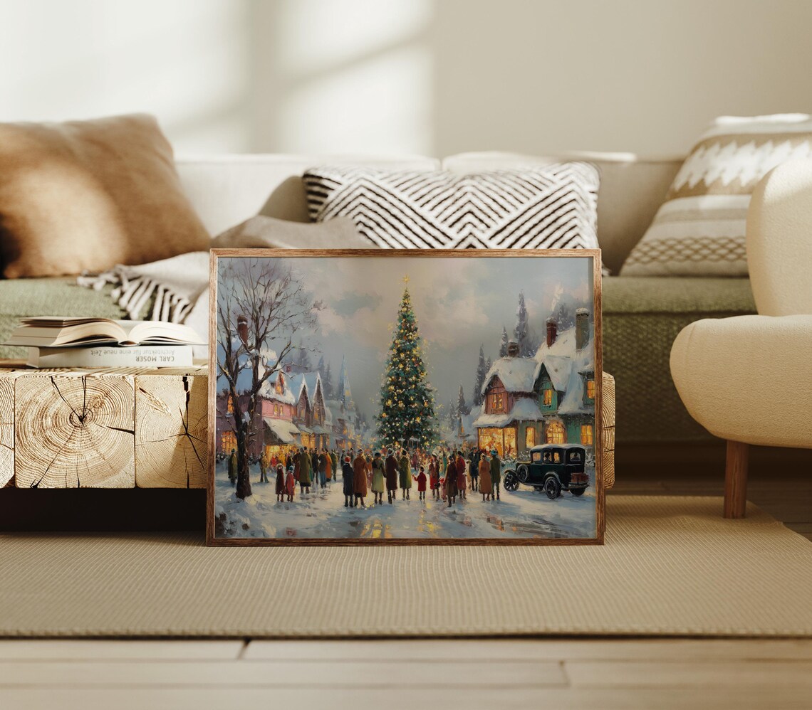 Vintage Christmas Village Gathering Around Tree Snowy Town Art Poster
