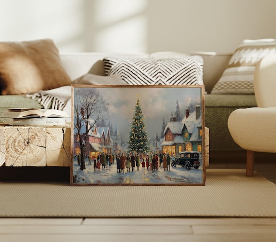 Vintage Christmas Village Gathering Around Tree Snowy Town Art Poster