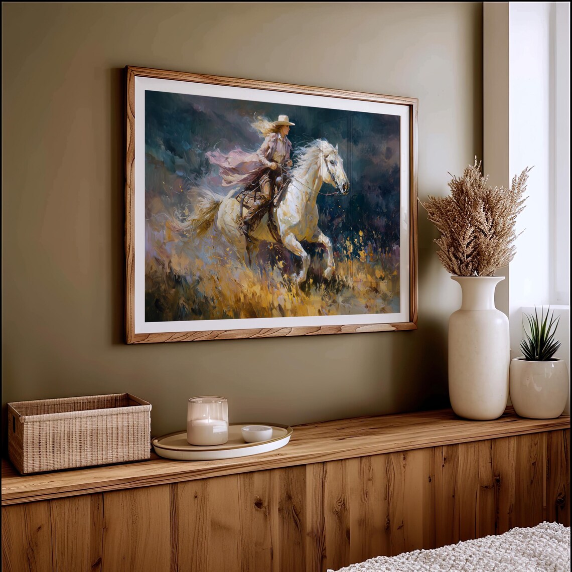 Cowgirl Galloping White Horse Golden Fields Western Oil Poster