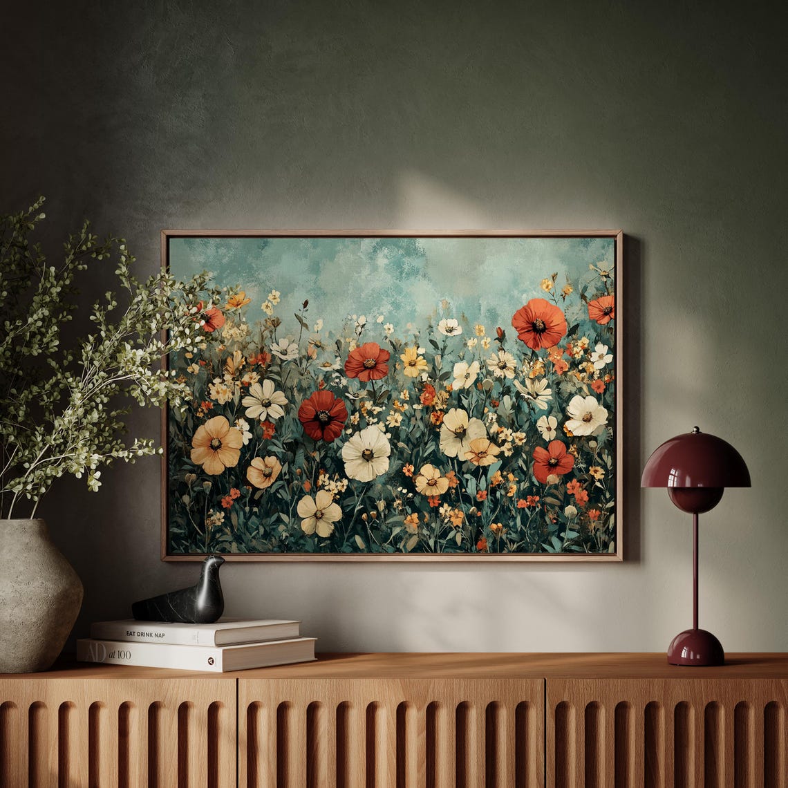 Wildflower Field Red Poppies And White Cosmos On Teal Vintage Wall Art - Image 6