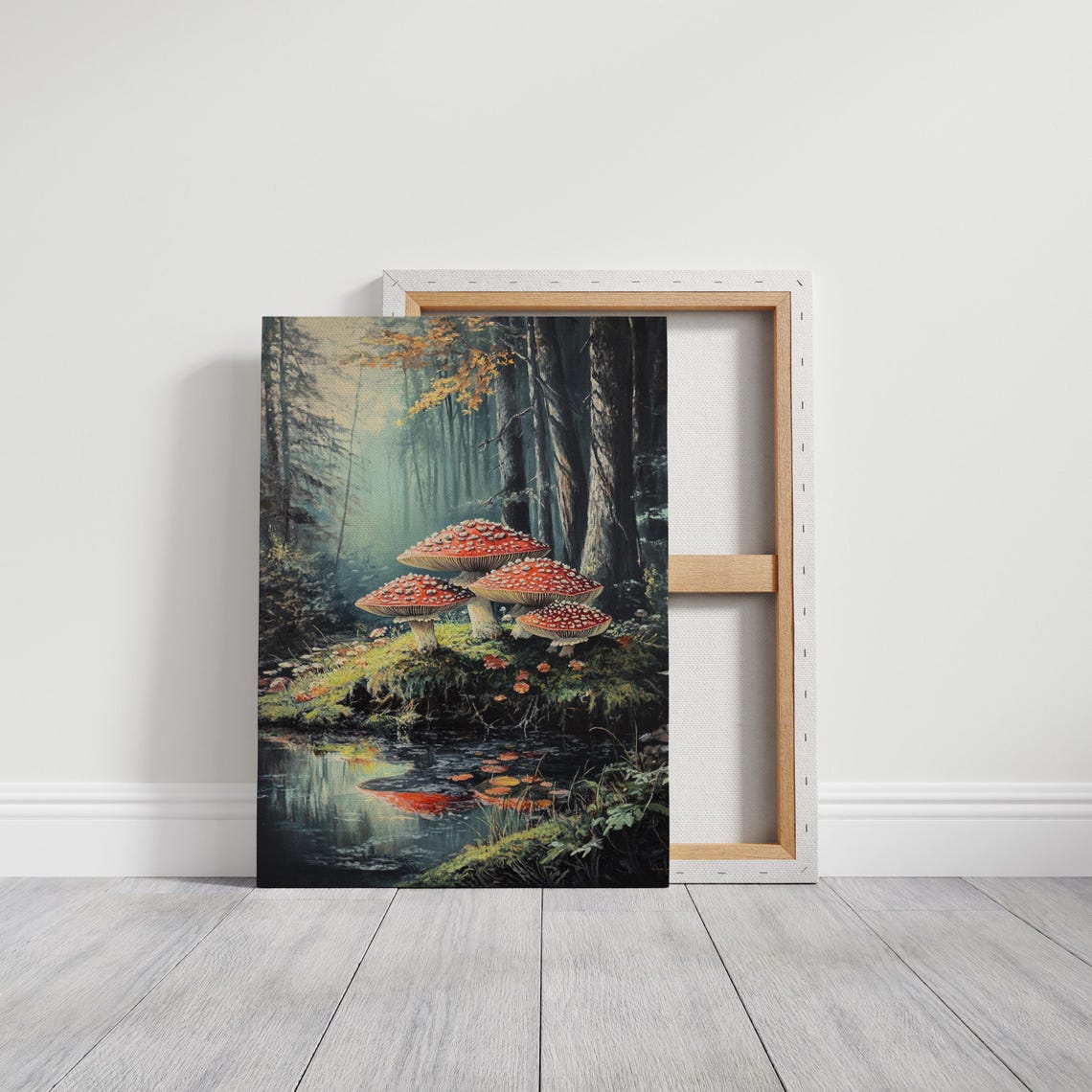 Red Capped Mushrooms by a Tranquil Pond in a Misty Forest Poster - Image 3