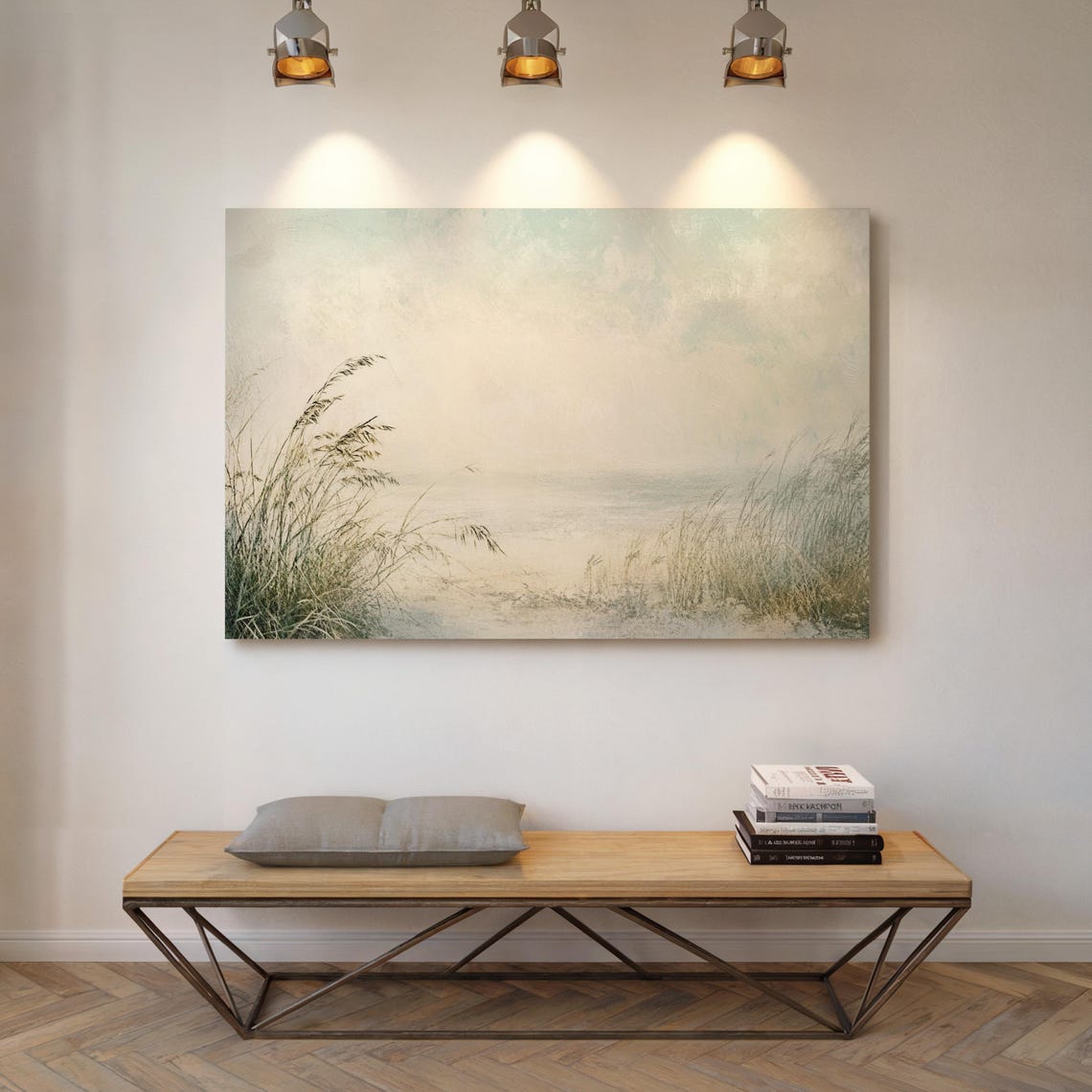 Misty Beach With Dune Grass Soft Neutral Coastal Morning Wall Art - Image 4
