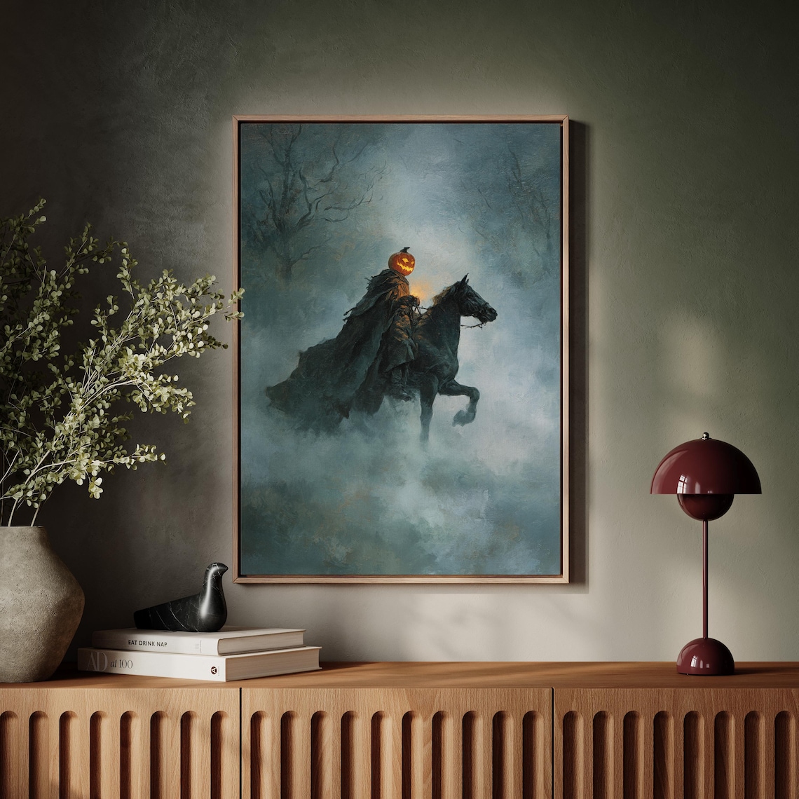 Headless Horseman with Pumpkin Head Riding in Foggy Night Poster