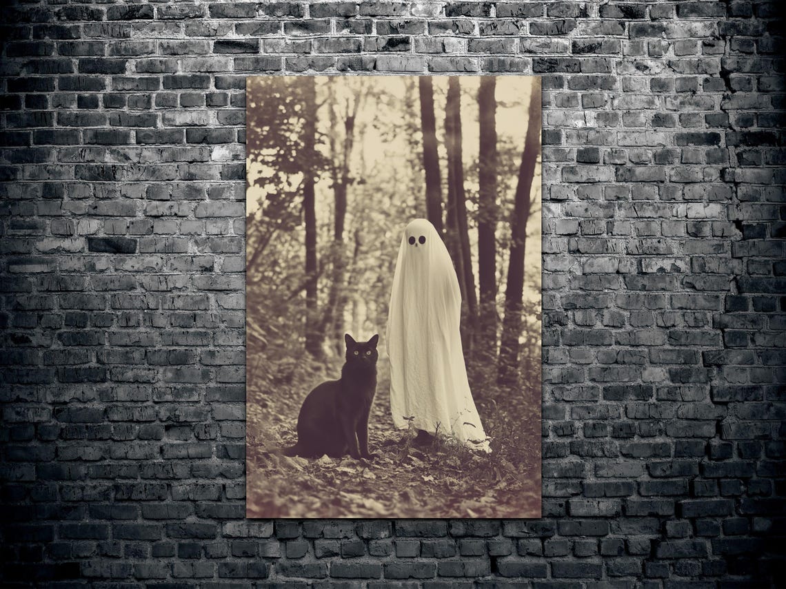 Sepia Ghost and Black Cat Standing Together in an Autumn Forest Poster - Image 2