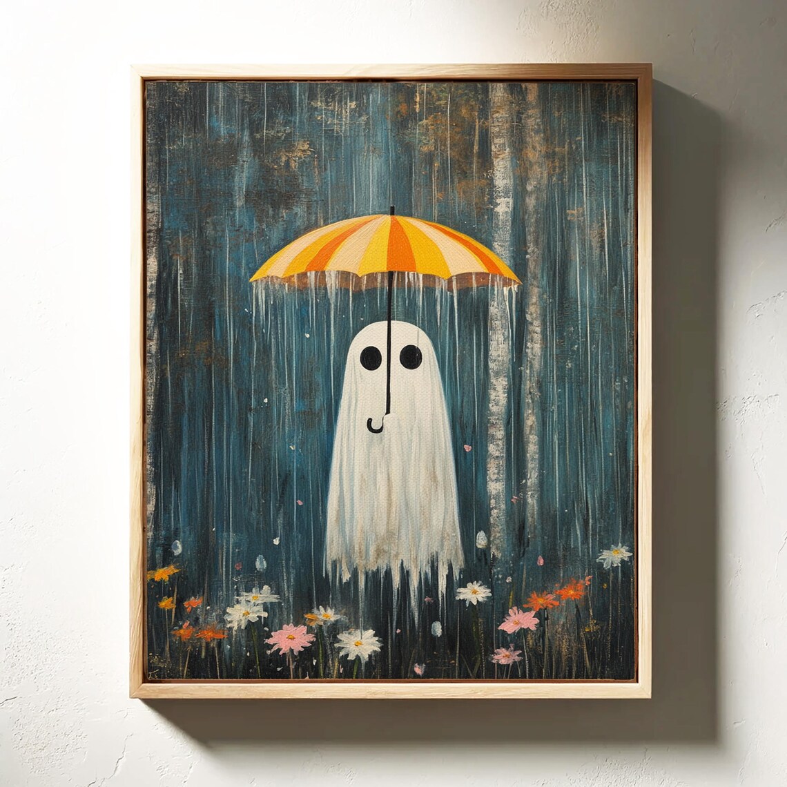 Whimsical Ghost With Umbrella Rainy Forest Wildflowers Poster - Image 6