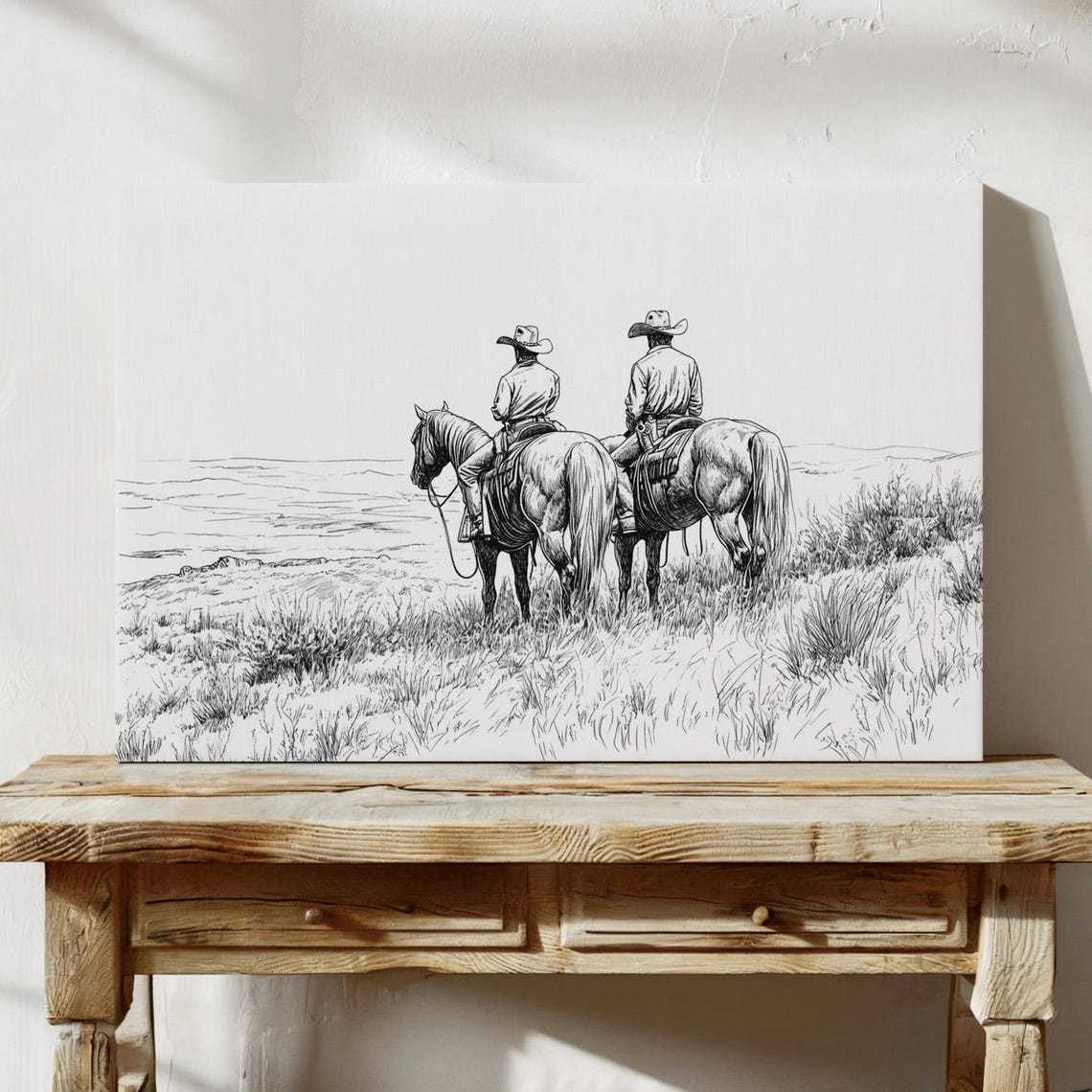 Cowboys On Horseback Art Western Line Art Rustic Ranch Decor Black And White Cowboy Drawing - Image 5