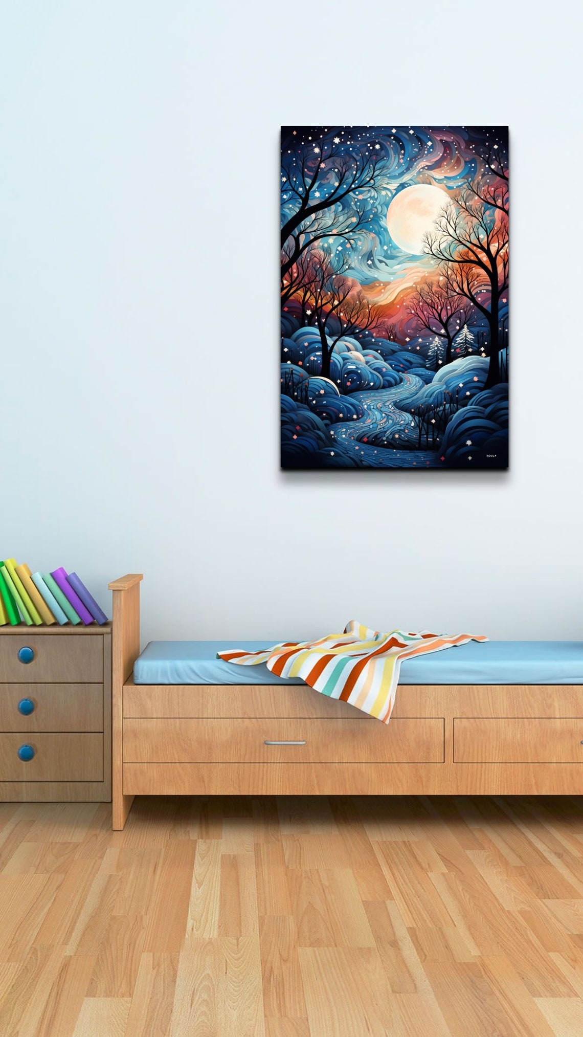 Starry Winter Night Full Moon Snowy Hills Whimsical Art Poster - Image 7