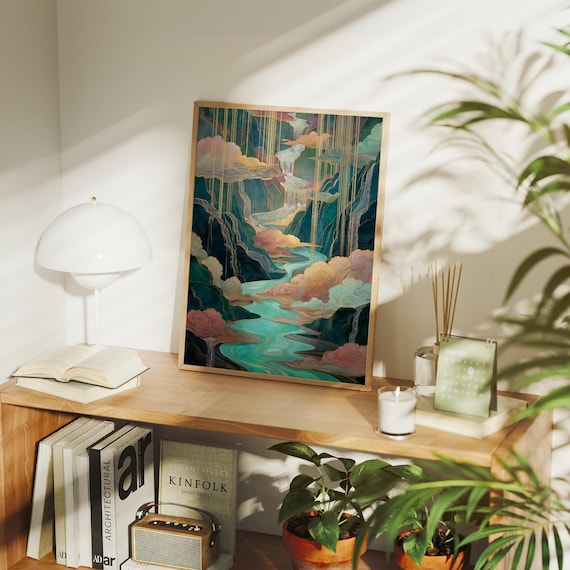Celestial River Cascades Dreamlike Abstract Landscape Art
