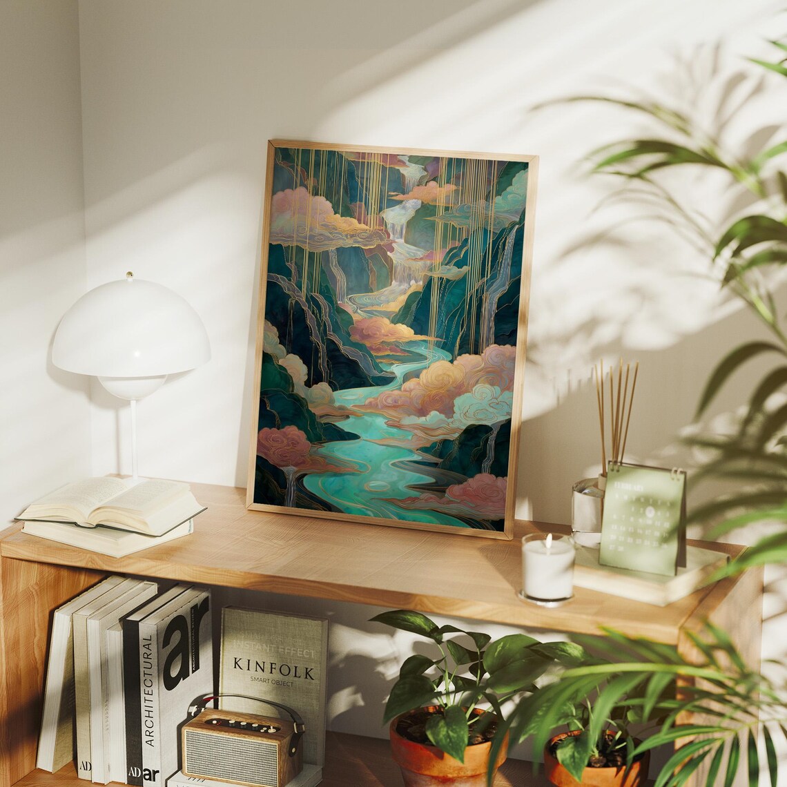 Waterfalls in Teal Mountain Valley Dreamy Japanese Style Wall Art