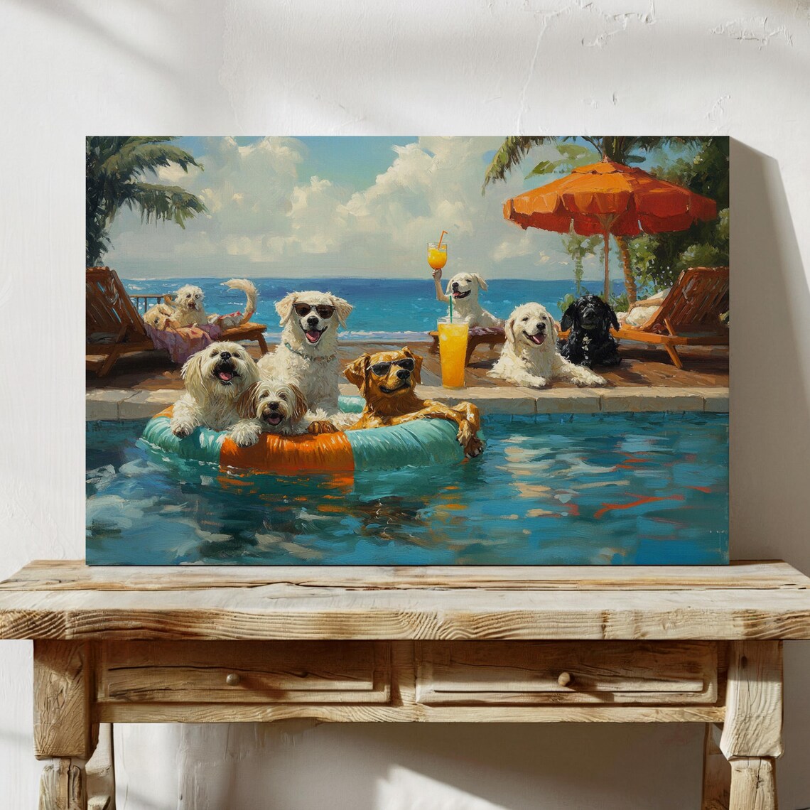 Funny Dogs Pool Party Poodles Floating Tropical Resort Art Poster - Image 4