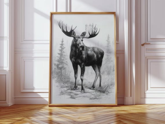 Majestic Moose Wall Art Black And White Wildlife Drawing Rustic Cabin Canvas Print Nature Inspired Illustration For Lodge Dcor
