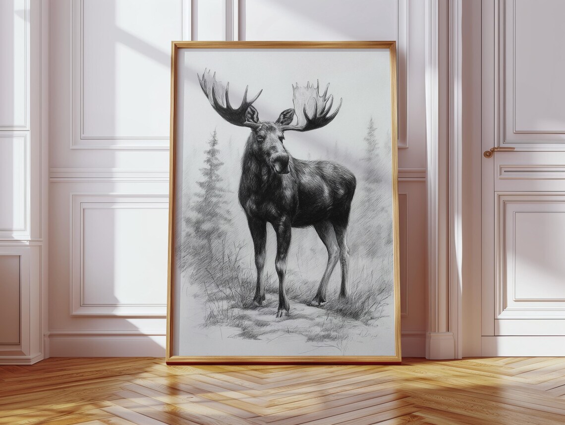 Majestic Moose Poster Black And White Wildlife Drawing Lodge Decor