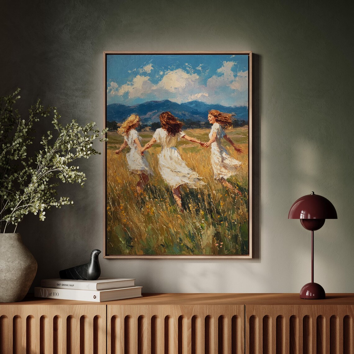 Three Women In White Dresses Running Through Golden Field Poster