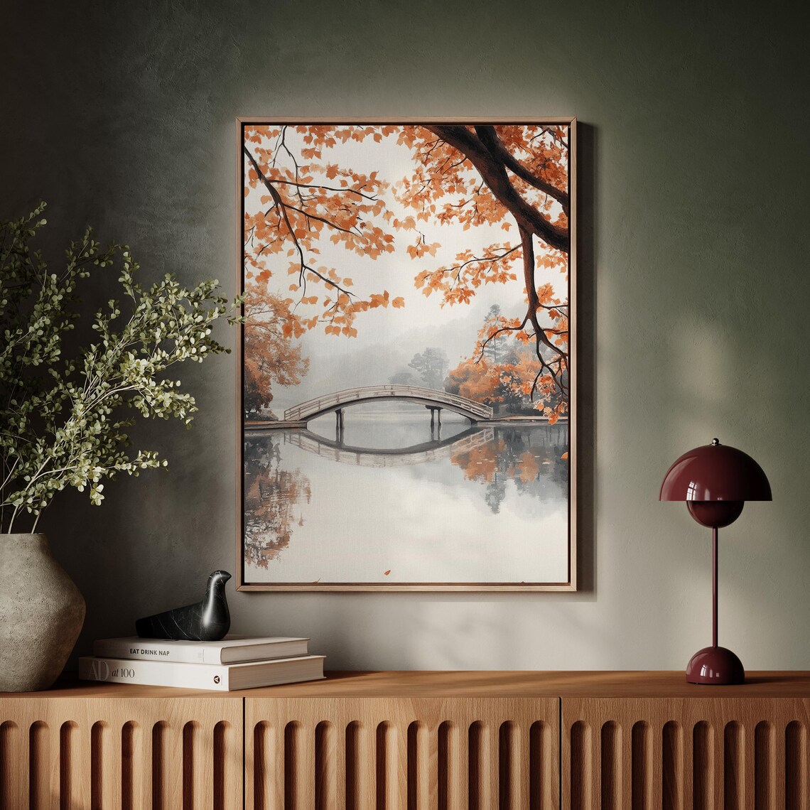 Japanese Garden Arched Bridge Autumn Reflection Tranquil Lake Poster - Image 3