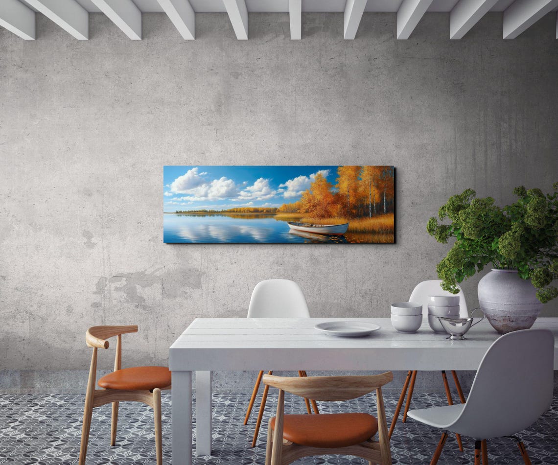 White Boat Drifting on Mirror Calm Autumn Lake Panoramic Poster - Image 5