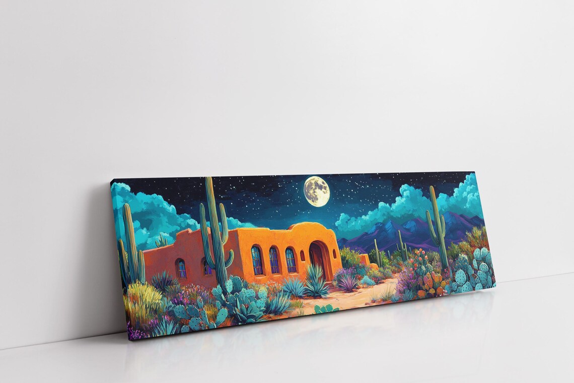 Desert Nightscape Art Adobe Home Under Full Moon With Cacti And Mountains Southwestern Wall Decor For Modern Interiors - Image 7