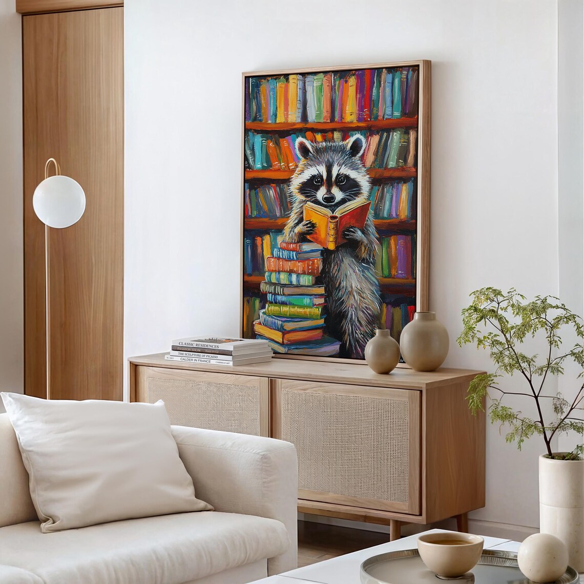 Whimsical Reading Raccoon Library Art Print - Image 3