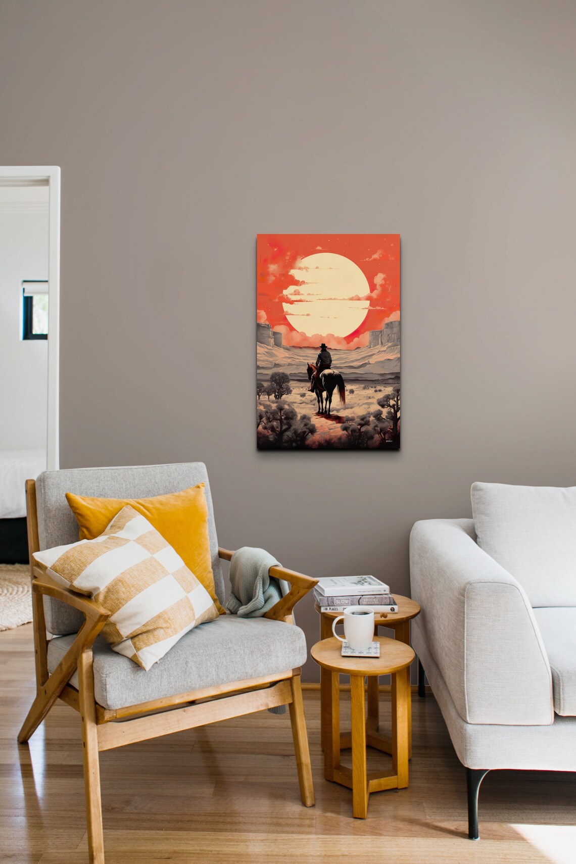 Cowboy Riding Into The Sunset Desert Giant Red Sun Scene Poster - Image 7