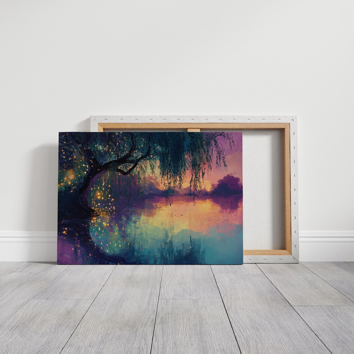 Mystical Twilight Willow With Fireflies, Fairytale Landscape Art Print - Image 3