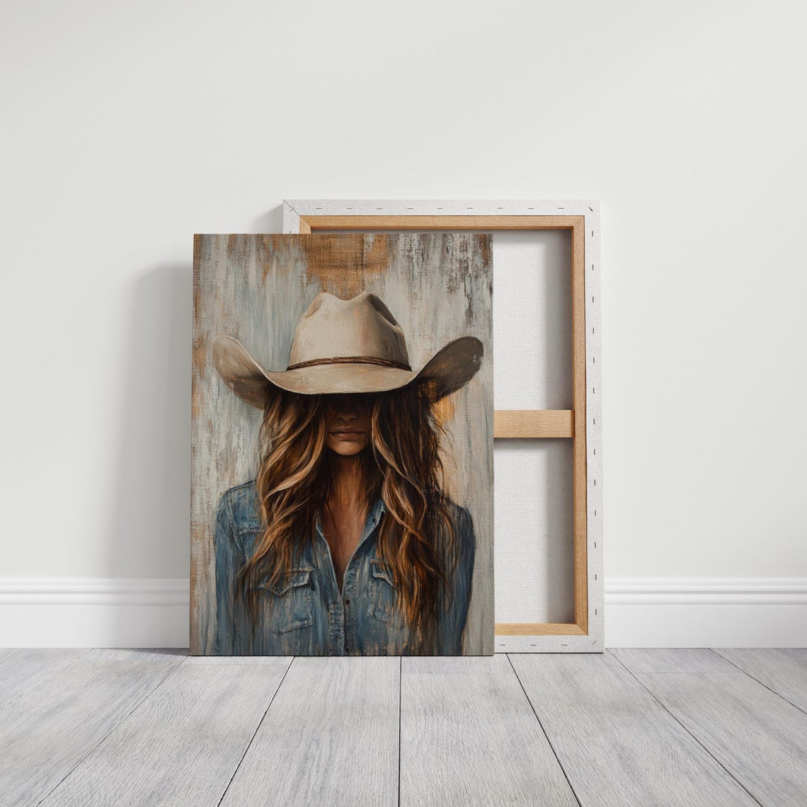 Cowgirl Art Western Wall Decor Denim Jacket And Cowboy Hat Painting Rustic Farmhouse Country Style - Image 4