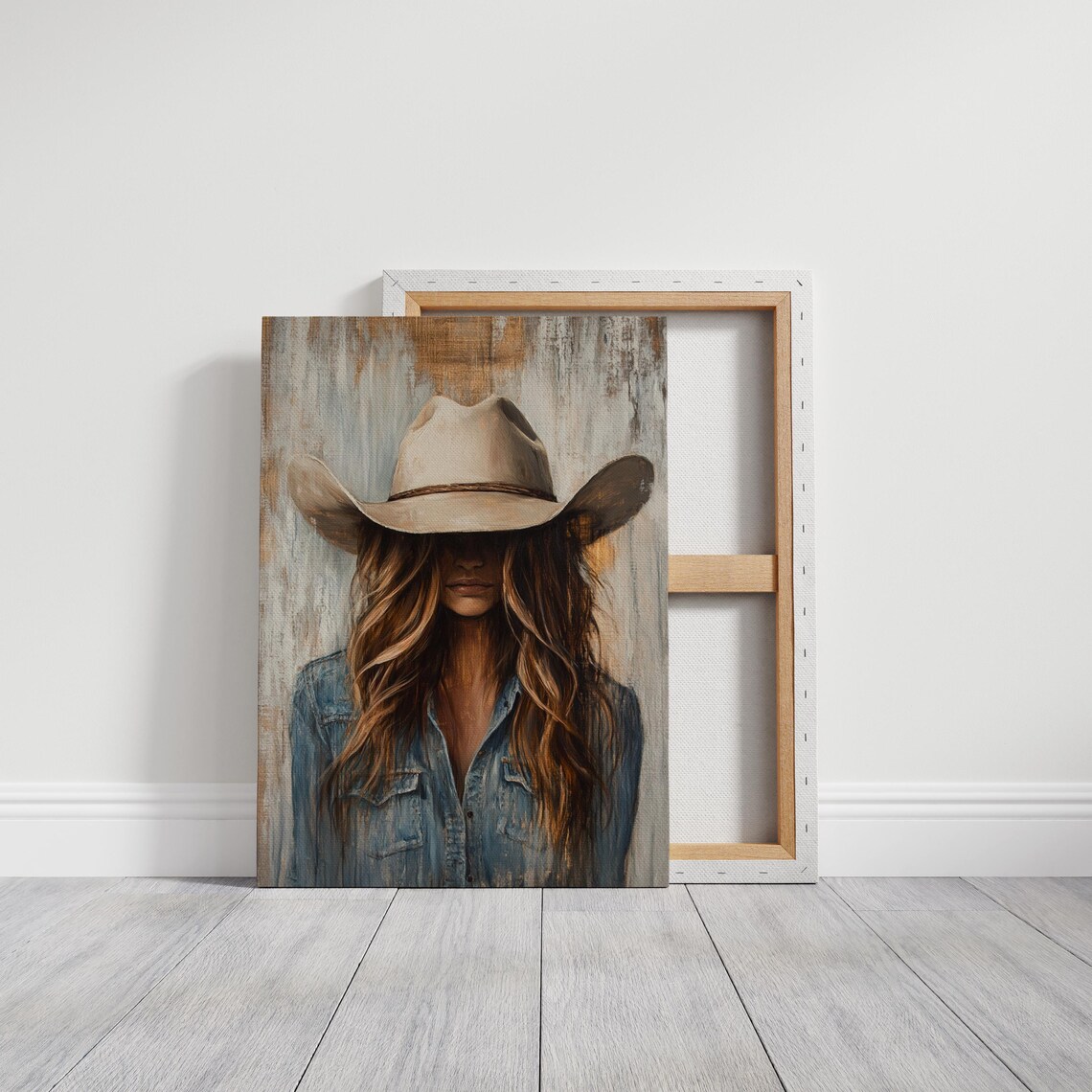 Cowgirl In Denim And Cream Cowboy Hat Faceless Portrait Wall Art - Image 4