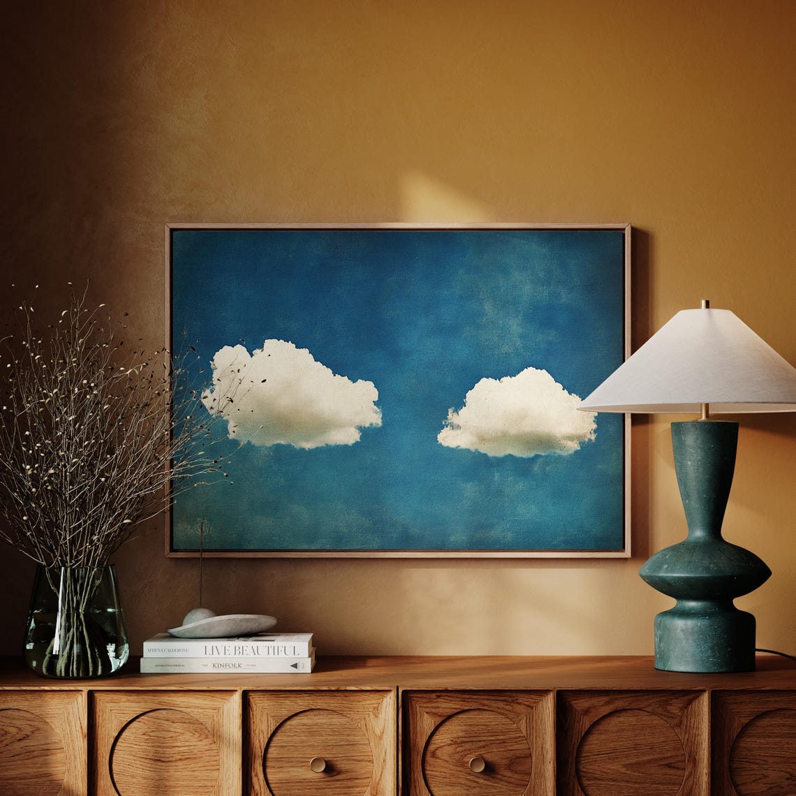 Rustic Two Cloud Cloudscape On Distressed Teal Blue Sky Art Poster - Image 4