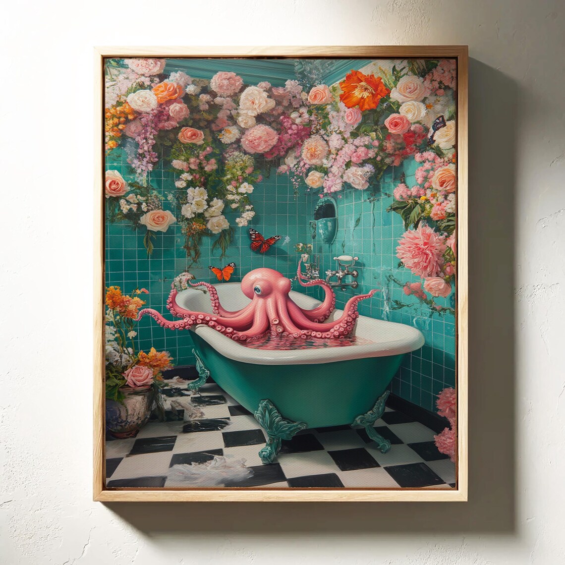 Whimsical Octopus In Floral Bathroom Surreal Art Print - Image 4