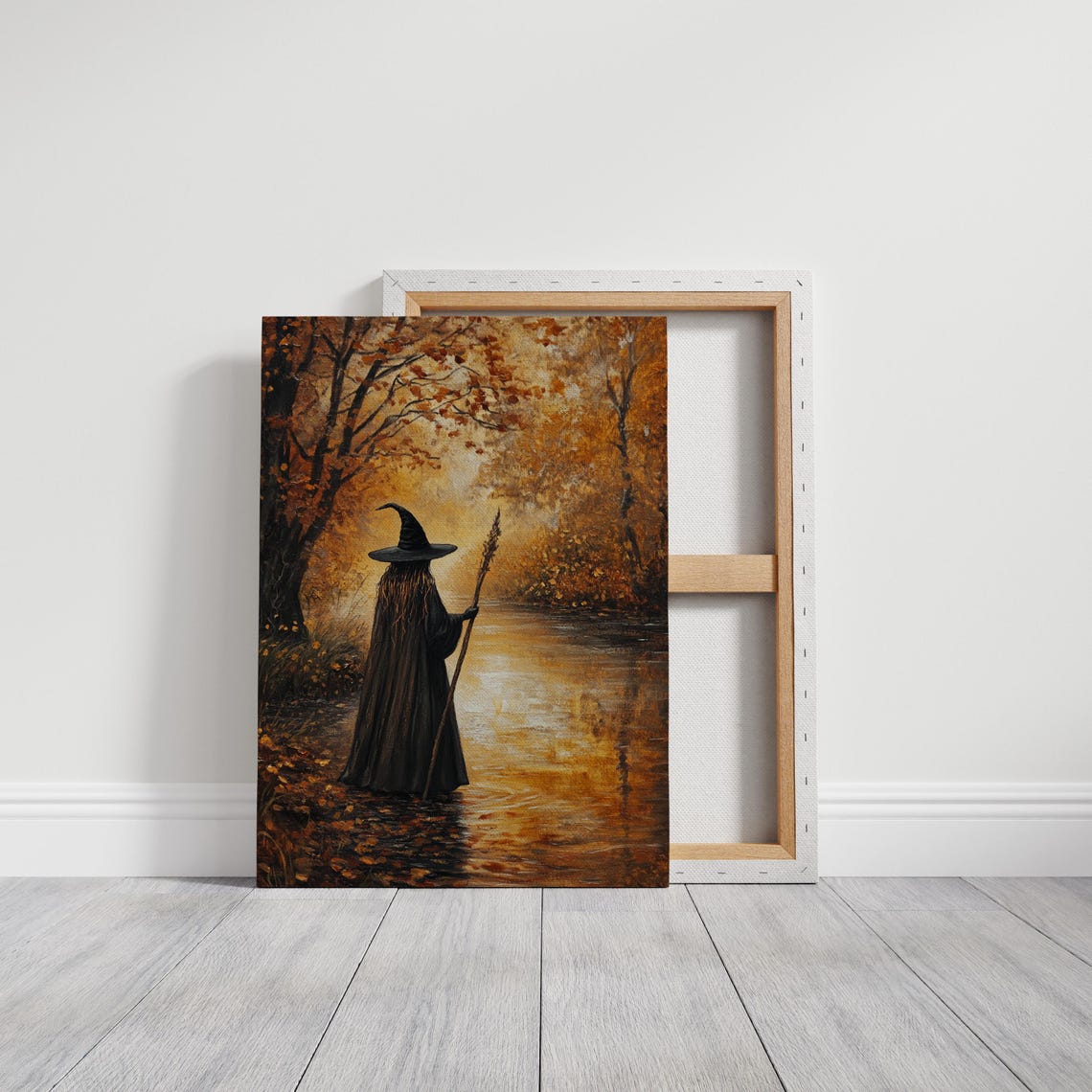 Mystical Witch Walking Along a Golden River in Autumn Forest Poster - Image 3