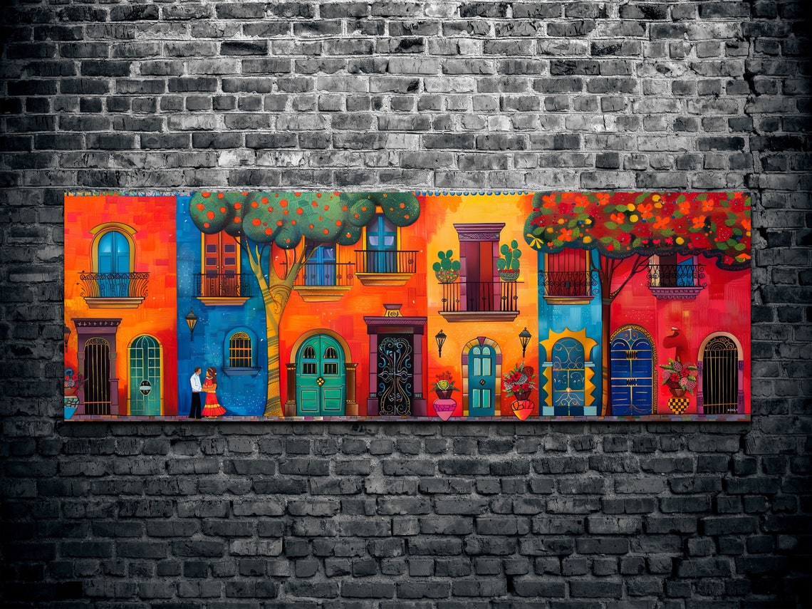 Colorful Mexican Street Scene With Couple Panoramic Folk Poster - Image 2