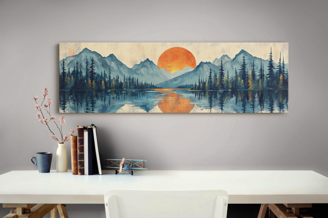 Vintage Sunrise Mountain Lake Orange Sun Reflection Pine Forest Poster - Image 3
