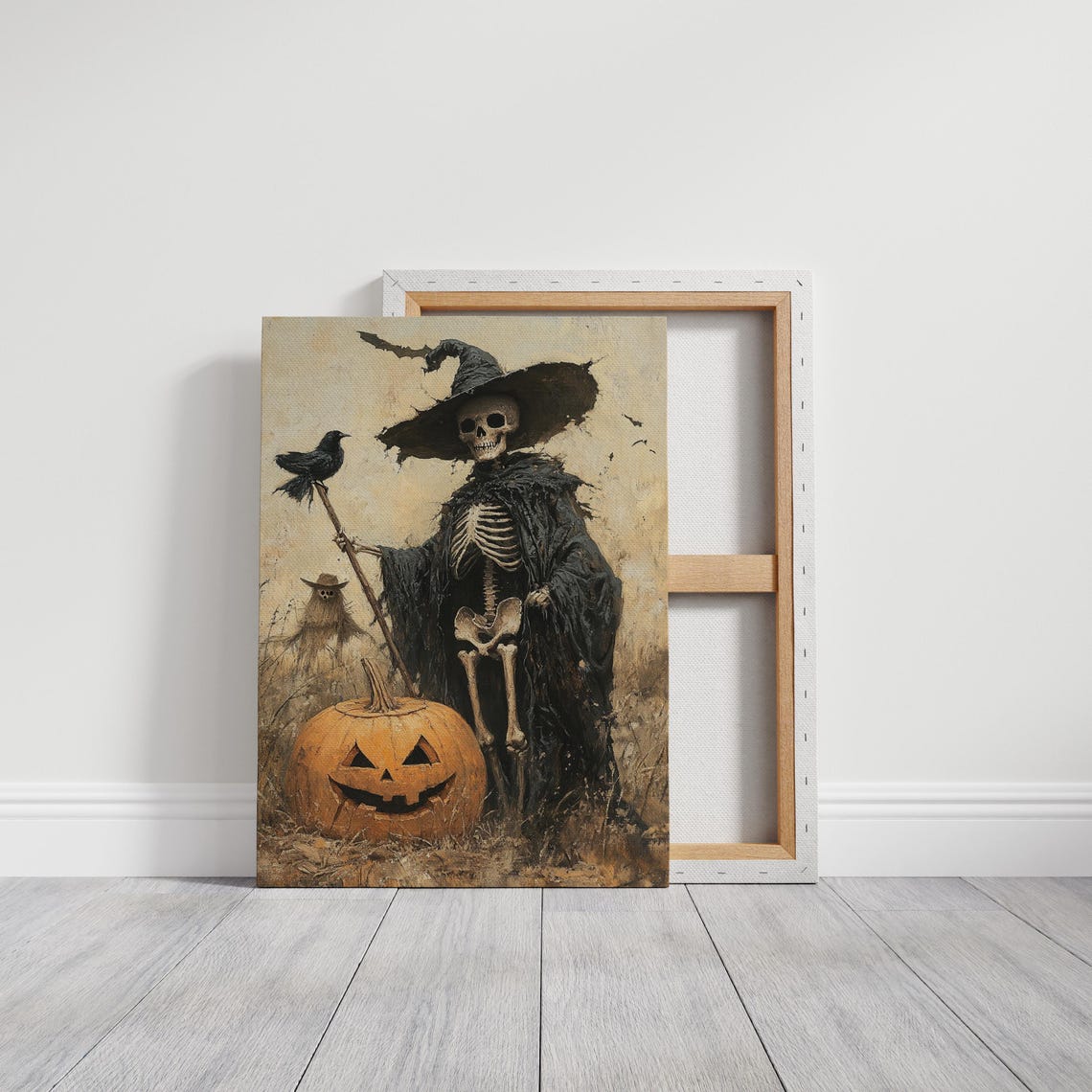 Skeleton Witch Crow Pumpkin Rustic Halloween Oil Painting Poster - Image 6