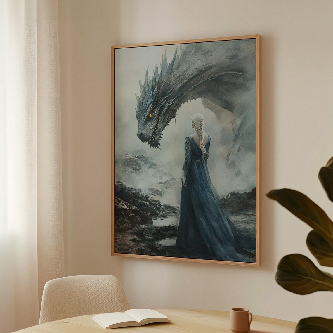 Woman Facing Majestic Dragon in Mist Epic Fantasy Adventure Wall Art Print