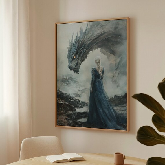 Woman Facing Majestic Dragon in Mist Epic Fantasy Adventure Wall Art Print