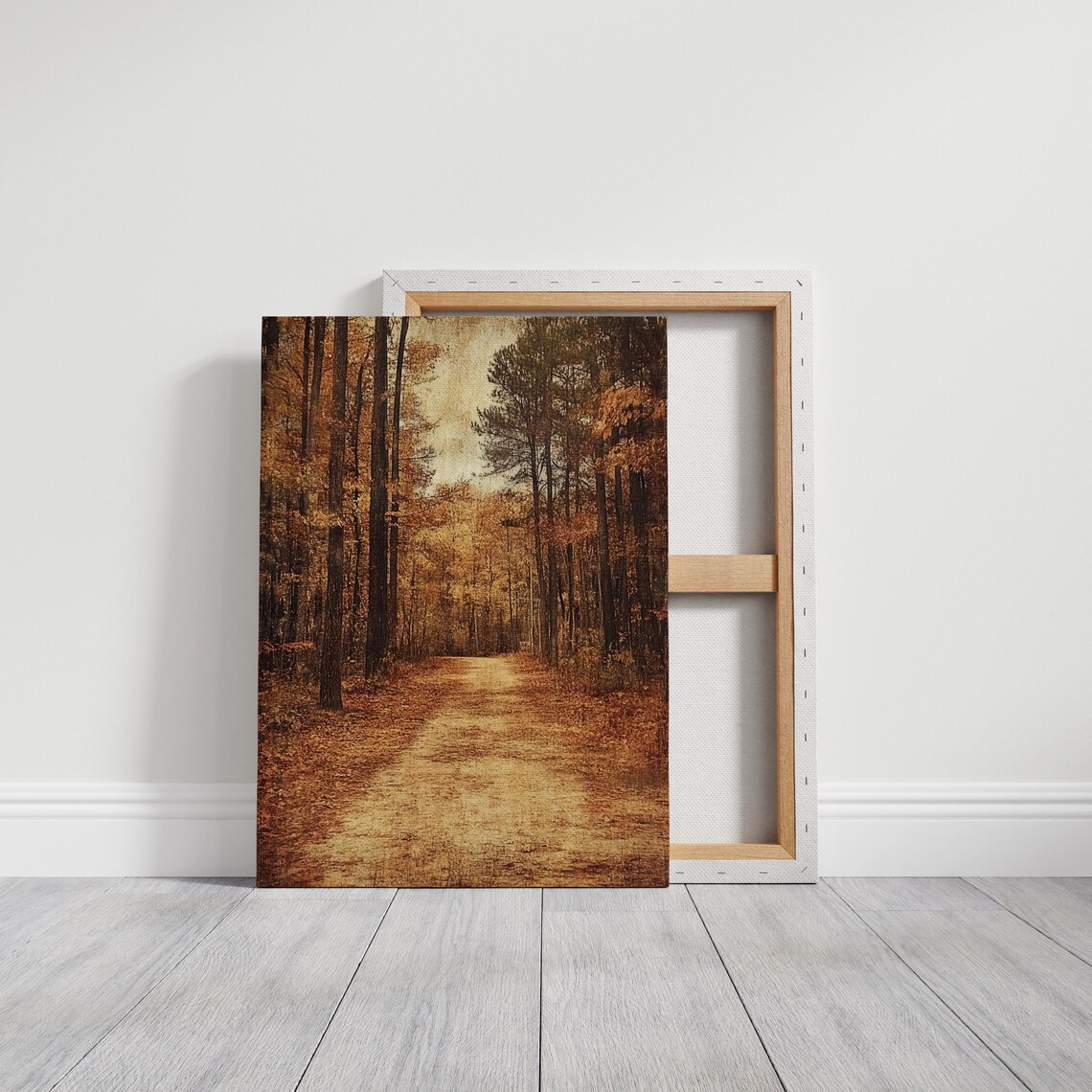 Rustic Autumn Forest Path with Tall Pines and Fallen Leaves Trail Poster - Image 3