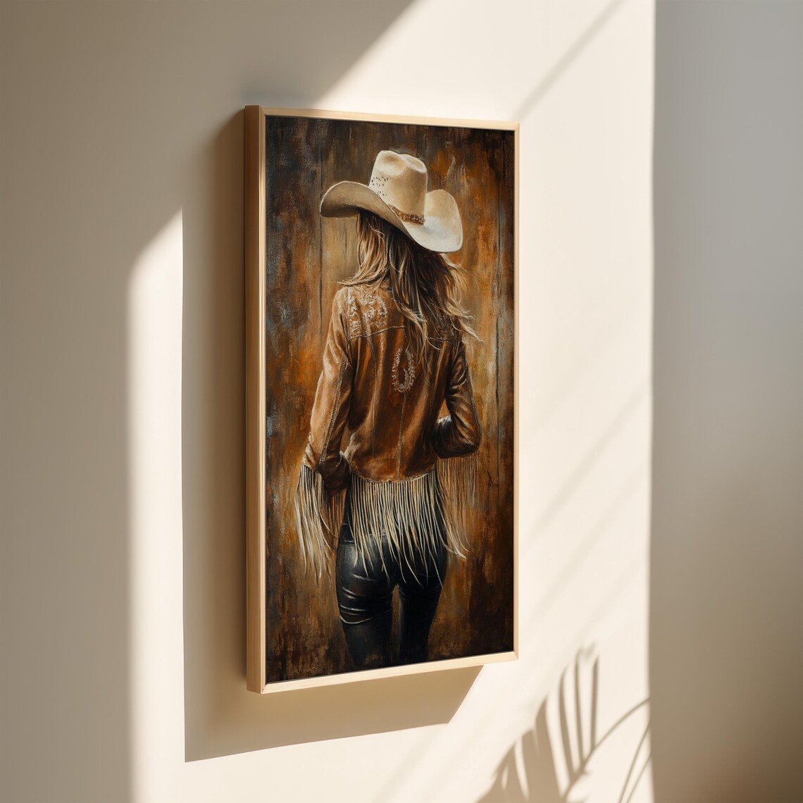 Cowgirl in Brown Leather Fringe Jacket Back View Western Poster - Image 5