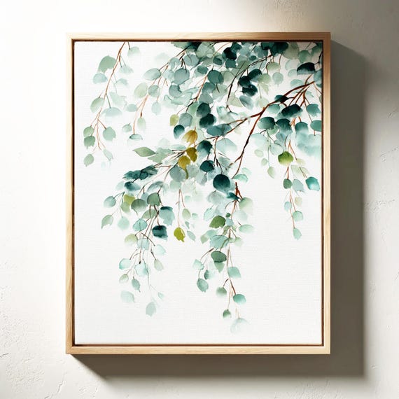 Hanging Green Leaves Watercolor Minimal Botanical Nature Wall Art
