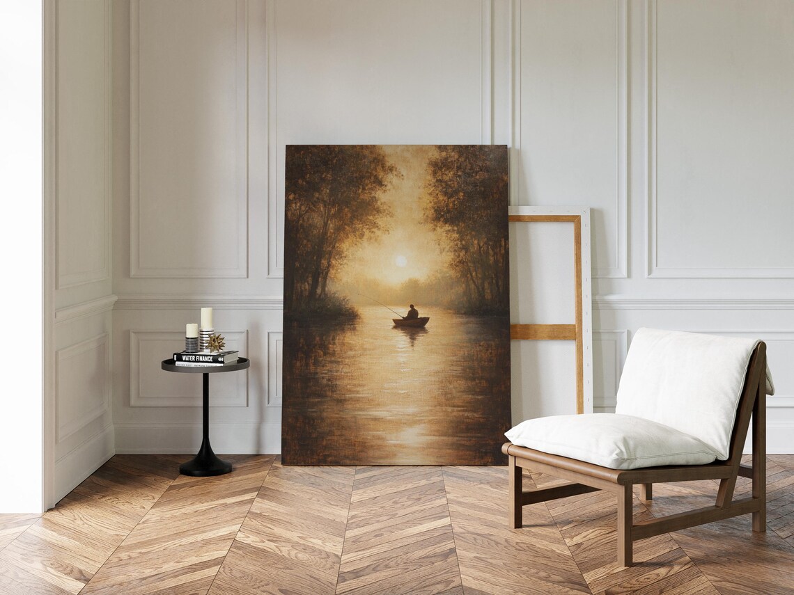 Lone Fisherman In Boat On Misty Golden River At Sunrise Vintage Poster - Image 5