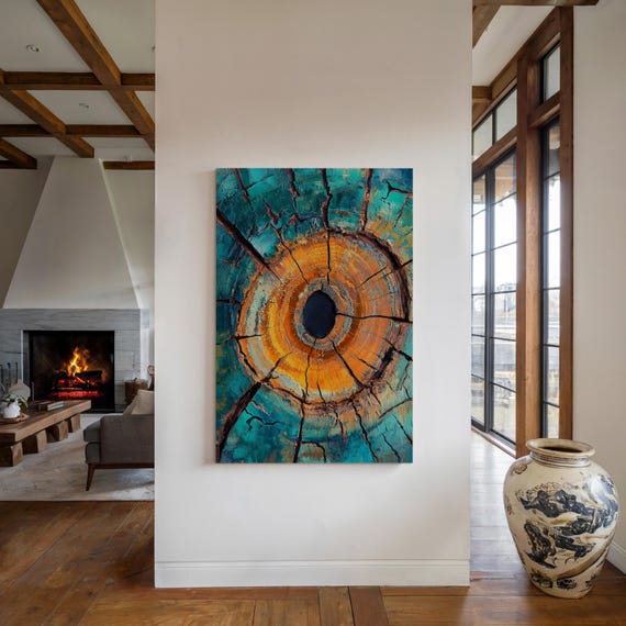 Teal And Orange Tree Ring Wall Art Modern Abstract Wood Grain Print Nature Inspired Decor For Living Room Or Office Bold Colorful Art