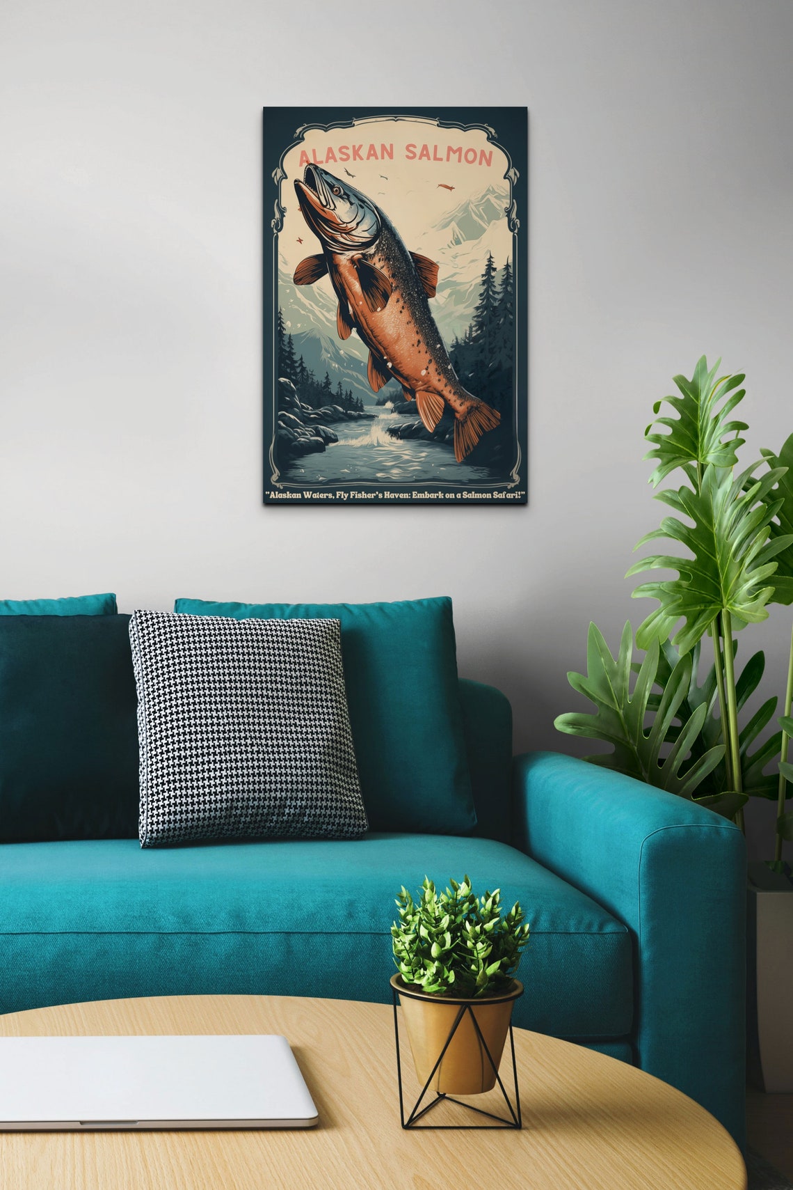 Alaskan Salmon Vintage Fishing Poster With Mountain River Scene - Image 6