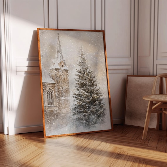 Snowy Church and Christmas Tree, Rustic Winter Print