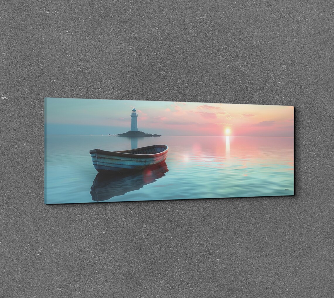 Wooden Rowboat on Calm Water With a Distant Lighthouse Panoramic Poster - Image 7