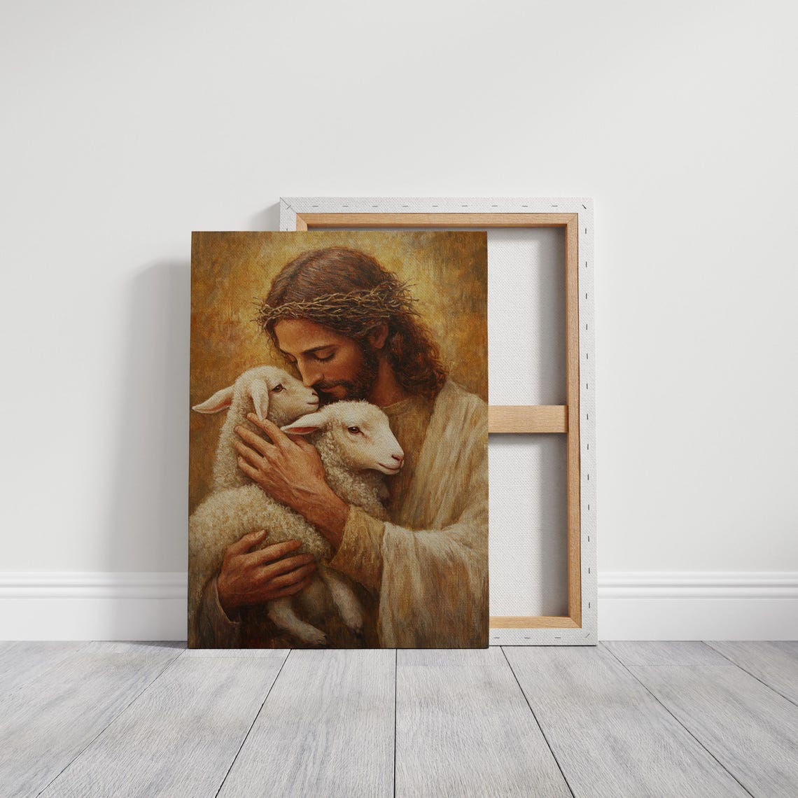 Jesus Holding Two Lambs Crown of Thorns Tender Embrace Poster - Image 6