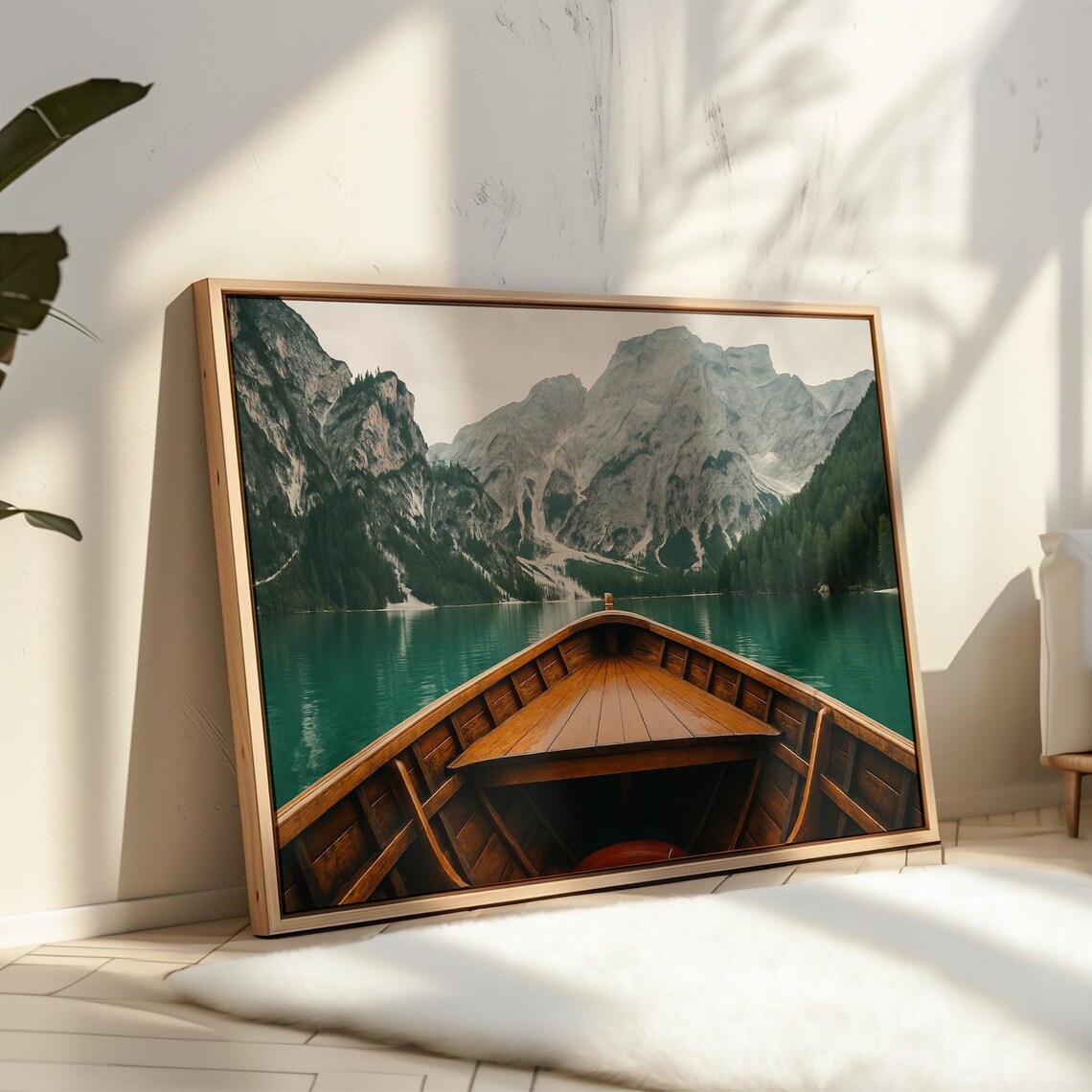 Wooden Rowboat On Turquoise Lake Mountain Peaks Cabin Wall Art