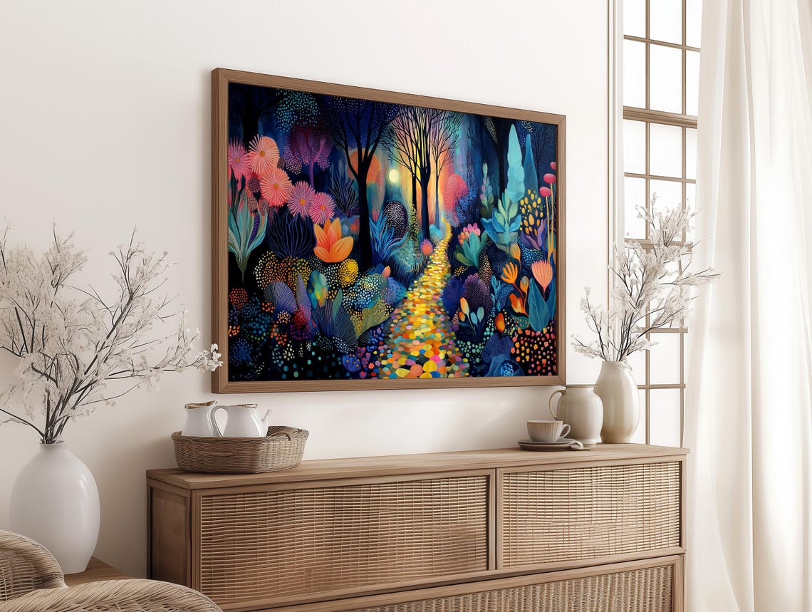 Enchanted Luminous Forest Path Neon Vibrant Magical Trees Art Poster