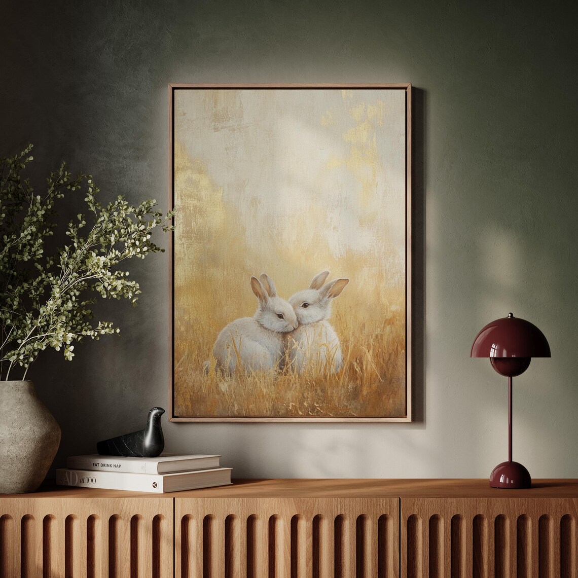 Two White Rabbits Nuzzling Together in Golden Wheat Field Glow Poster - Image 6
