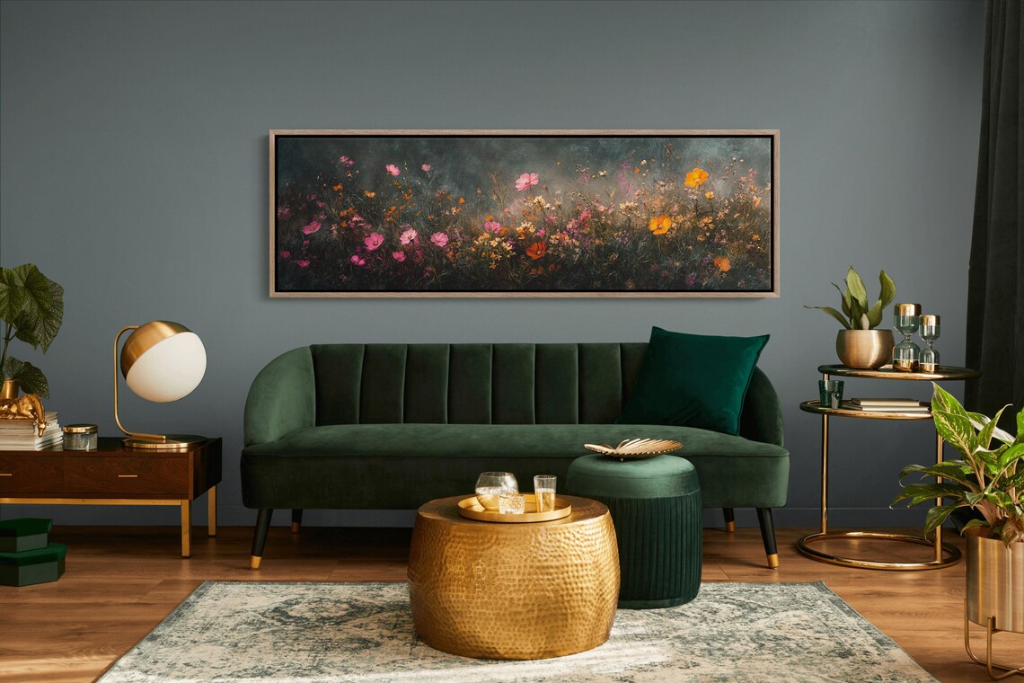 Moody Dark Wildflower Field Pink Cosmos Orange Poppies Vintage Poster - Image 6