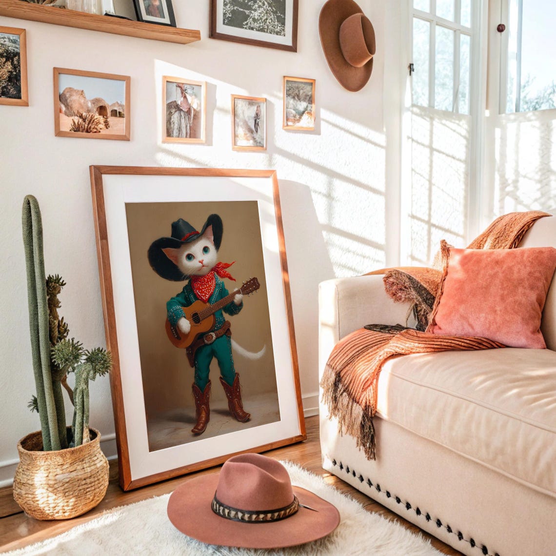 Cowboy Cat Playing Guitar Whimsical Western Funny Animal Poster